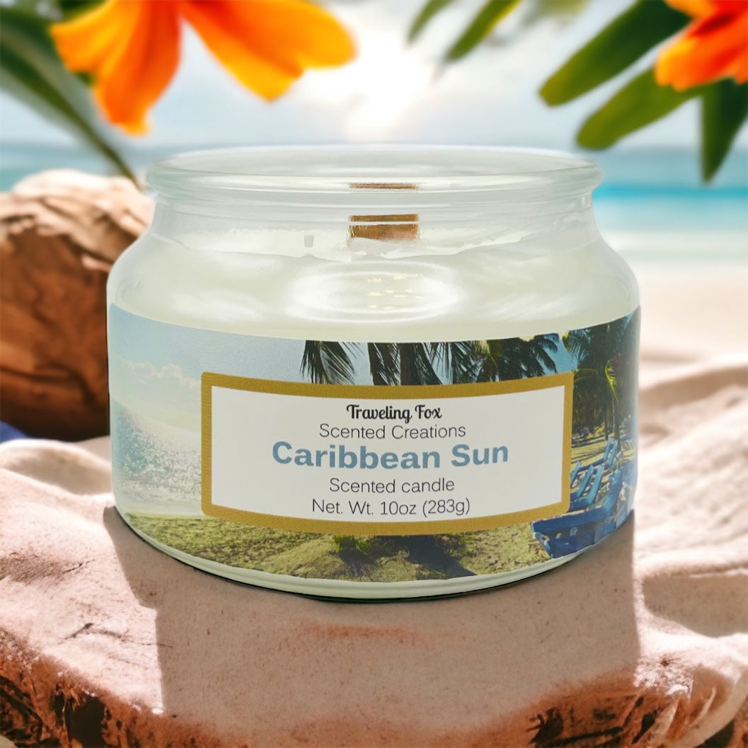 travel-inspired scneted candle caribbean sun it is a travel inspired scented candle that has tropical flowers, sand and coconuts in the background 